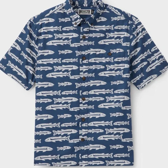 Duluth Trading Co Blue Fish Pattern Men's Shirt - Picture 1 of 6
